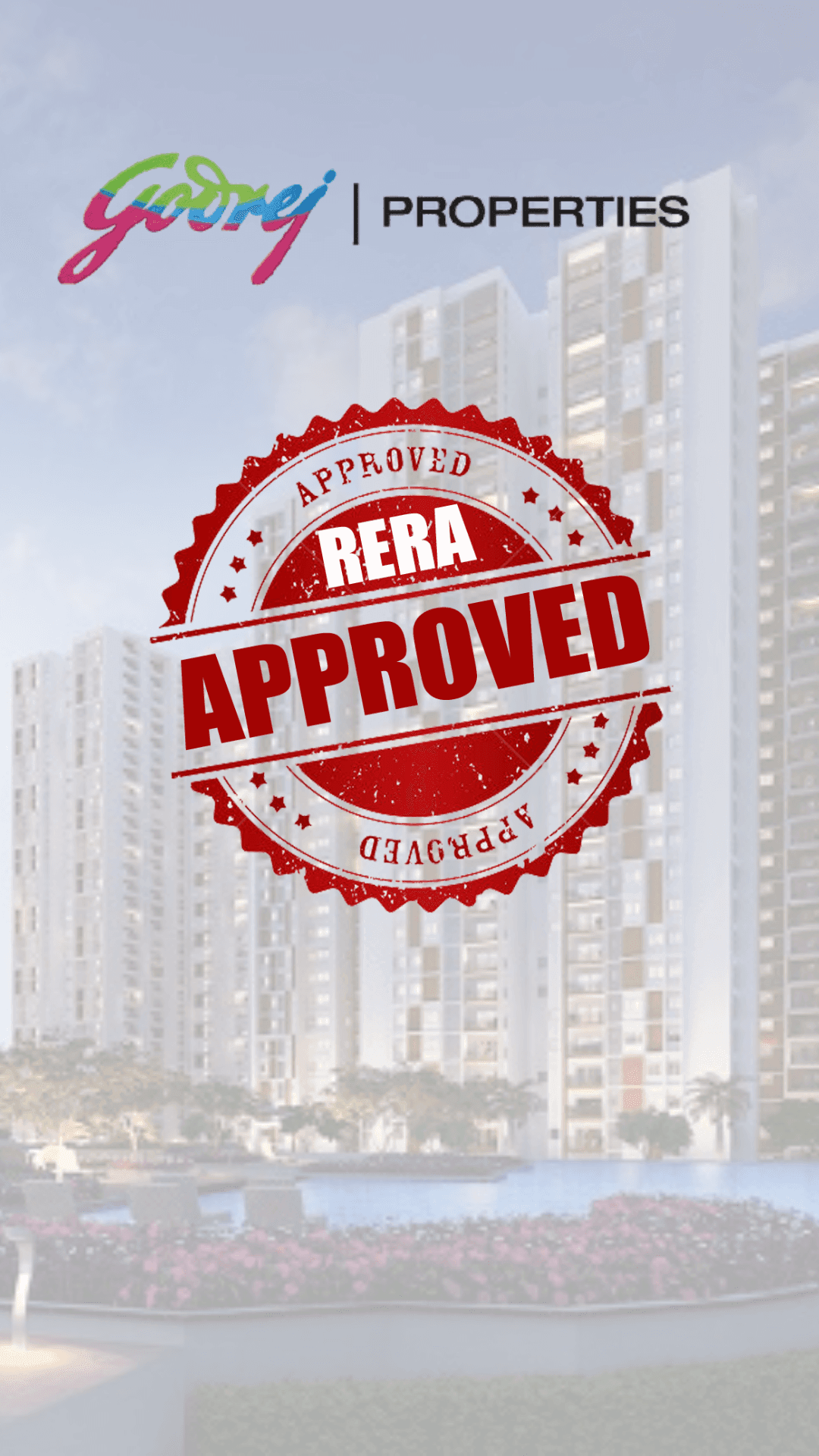 Godrej Properties RERA approved seal over an image of a residential building complex.