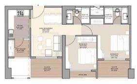 Floor plan layout of an apartment with bedrooms, bathrooms, kitchen, and living area.