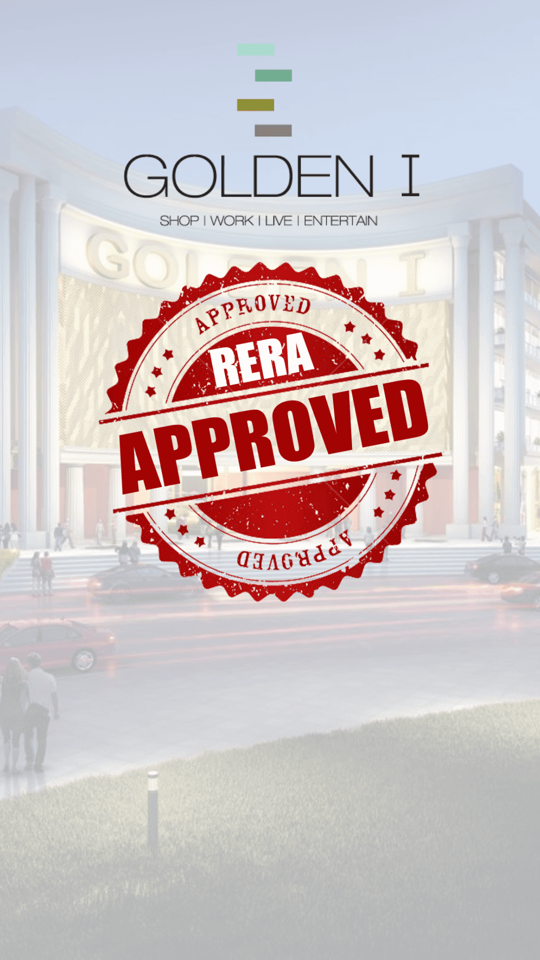 Golden I building image with a large red stamp overlay reading 'RERA APPROVED.'